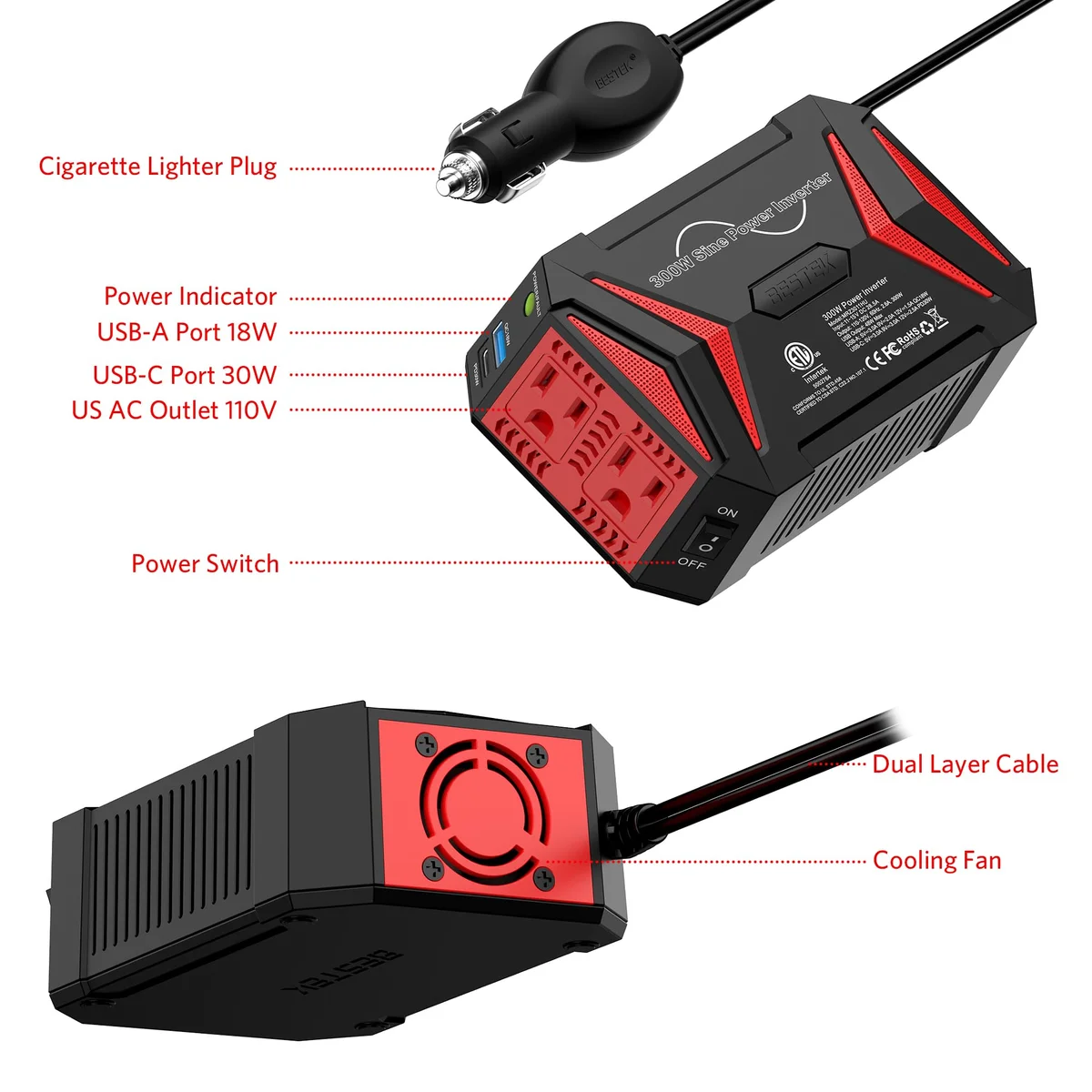 BESTEK 300W Pure Sine Wave Power Inverter